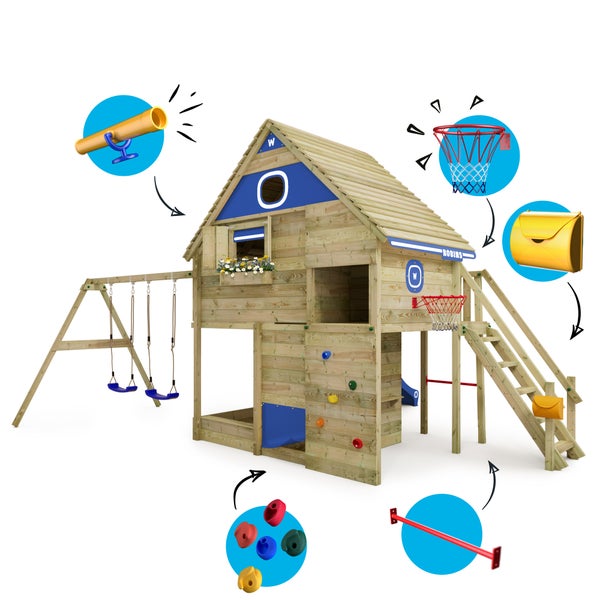 WICKEY Stelzenhaus Smart FamilyHouse mit Schaukel und Rutsche,integriertem Sandkasten und großem Spielhaus mit Geheimgang, massiver Treppe Handlauf, Fenstern, Rollos und Fensterläden -  blau