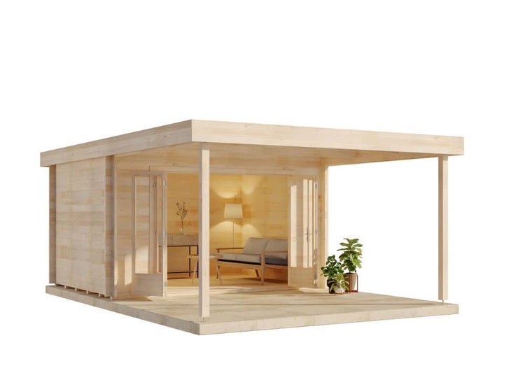 Modernes Gartenhaus aus Holz mit Flachdach, Doppeltür mit Glaseinsätzen und integrierter überdachter Terrasse.