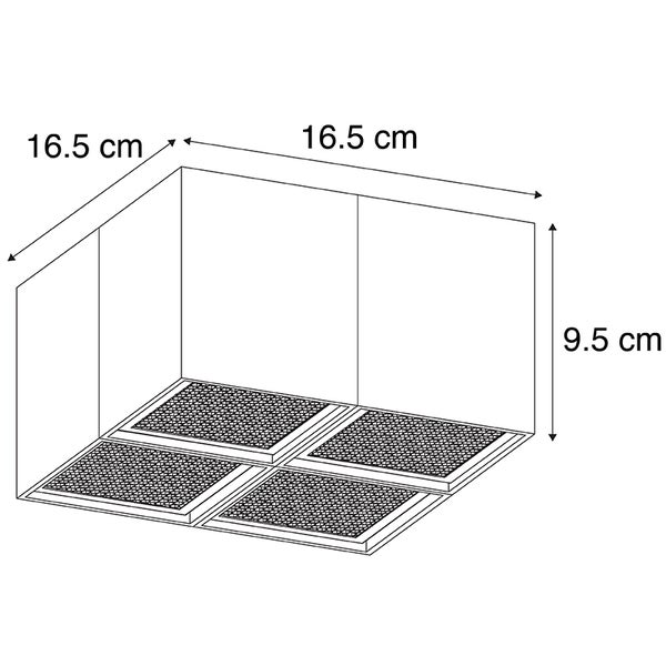 Technische Zeichnung eines Dunstabzugshaubenfilters mit den Maßen 16,5 mal 16,5 mal 9,5 Zentimeter.