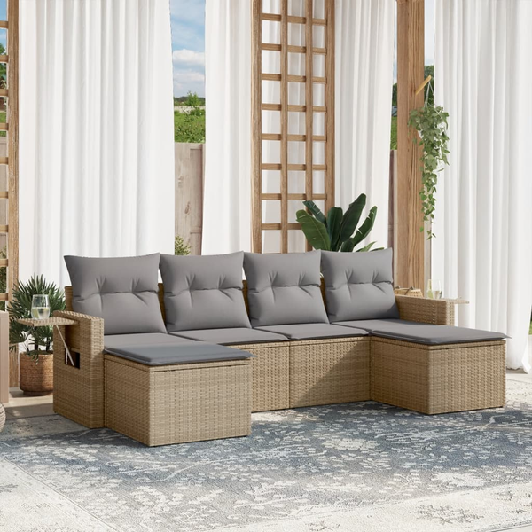 6-tlg. Garten-Sofagarnitur mit Kissen Beige Poly Rattan