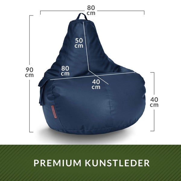 Green Bean Sitzsack aus Kunstleder mit EPS Perlen Füllung - 90 x 80 x 70 cm - Bean Bag Sitzkissen Sitzpuff Sitzsessel Bodenkissen Lounge Gaming Chair Rückenlehne - Dunkelblau