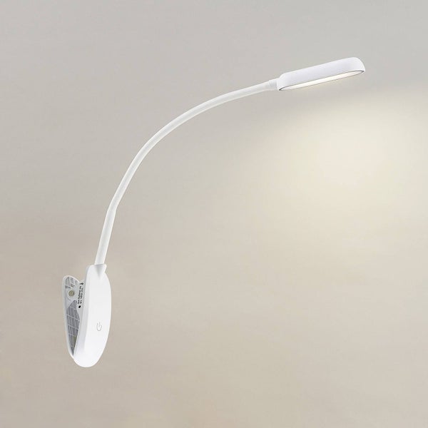 Weiße LED-Klemmleuchte mit flexiblem Lampenhals und Touch-Schalter auf dem Befestigungsclip.