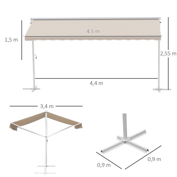 Outsunny Standmarkise Markise 4,5 x 3,4m Terrassenüberdachung Gartenmarkise mit Faltarm Kurbel Terrasse Creme Alu Metall
