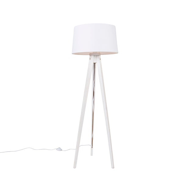 QAZQA - Klassisch I Antik Modernes Stehlampenstativ weiß mit Leinenschirm weiß 45 cm - Tripod I Dreifuß Lampe I Dreifuss Classic I Wohnzimmer I Schlafzimmer - Holz Länglich I Rund - LED geeignet E27