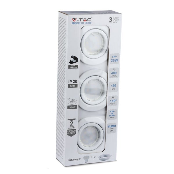 V-TAC VT-3333 - Weiße LED-Strahler GU10 - 3er-Pack - Fassung - IP20 - 5W - 400 Lumen - 4000K