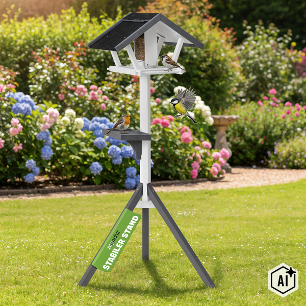 Vogelhaus mit Ständer auf einer Wiese mit verschiedenen Vögeln im Garten