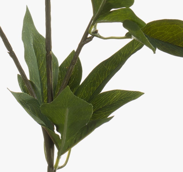 Künstliche rosa Pfingstrose mit einer großen Blüte, zwei Knospen und grünen Blättern.