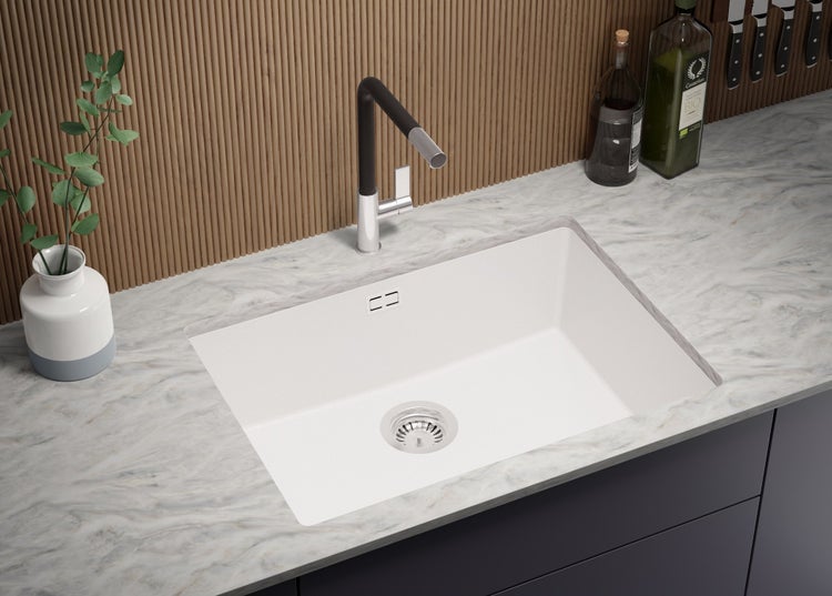 PRIMAGRAN Unterbauspüle Granit Alles Weiß 66x47cm, Spülbecken 1 Becken + Ablauf-Set, Granitspüle ab 70er Unterschrank - London