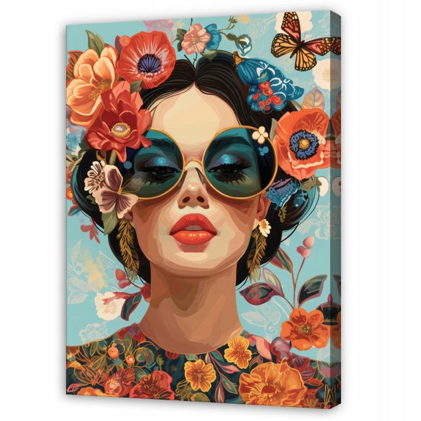 Wandbild auf Leinwand mit einem illustrierten Frauenporträt umgeben von Blumen und einem Schmetterling im modernen Stil