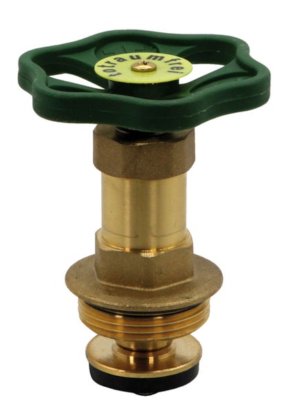 Totraumfreies Ventiloberteil aus Messing mit grünem Handrad.