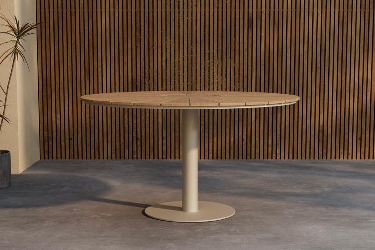 Runder Gartentisch mit Mittelfuß und Holzoptik-Tischplatte