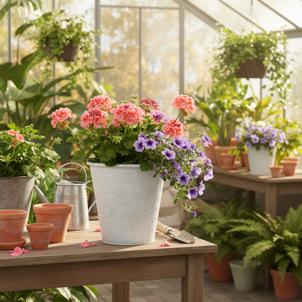 Anordnung von rosa Geranien und lila Petunien in einem weißen Dekotopf auf einem Holztisch in einem hellen Gewächshaus mit Gartenwerkzeug.