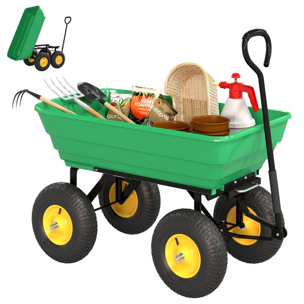 Grüner Gartenwagen mit Luftreifen, beladen mit Schaufel, Gabel, Rechen, Töpfen und Sprühflasche. Abbildung zeigt auch die Kippfunktion.