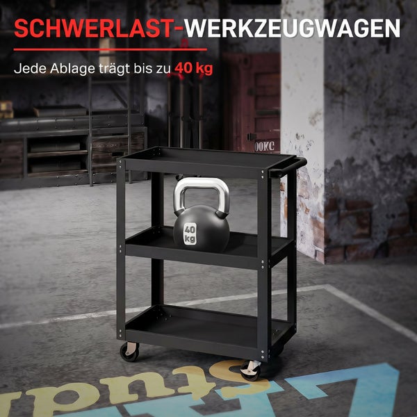 Schwerlast Werkzeugwagen mit drei Ablagen und einer Tragkraft von 40 Kilogramm pro Ebene für den Einsatz in der Werkstatt.