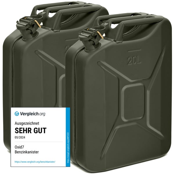 Zwei zwanzig Liter Metall Benzinkanister von Oxid sieben mit Verschlusshebel und Vergleich.org Siegel Auszeichnung Sehr Gut.