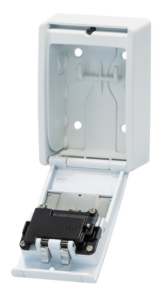 Wandmontierter Schlüsseltresor aus Metall in Weiß, geöffnet, mit Reset-Funktion und vier Befestigungslöchern.