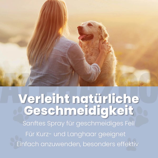 Frau streichelt Hund. Textblendung: Verleiht natürliche Geschmeidigkeit. Sanftes Spray für geschmeidiges Fell. Für Kurz- und Langhaar geeignet. Einfach anzuwenden, besonders effektiv.