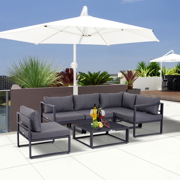 Outsunny 6-tlg. Gartengarnitur Gartenset Gartensofaset Sitzgruppe Gartenmöbel Alu+ Polyester + Hartglas Grau 4 x Sessel 1 x Ecksofa 1 x Beistelltisch Kissen für 4–5 Personen