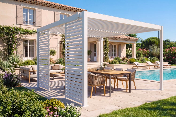 Freistehende Lamellen-Pergola auf einer modernen Steinterrasse mit Gartenmöbeln, Pool und Haus im Hintergrund.