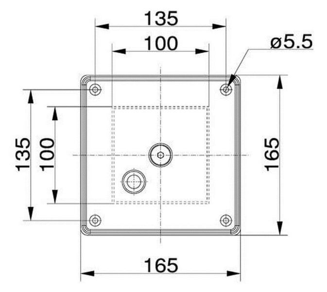 Maßzeichnung einer quadratischen Montageplatte mit den Maßen 165 mal 165 Millimeter und Lochabständen von 135 Millimetern.