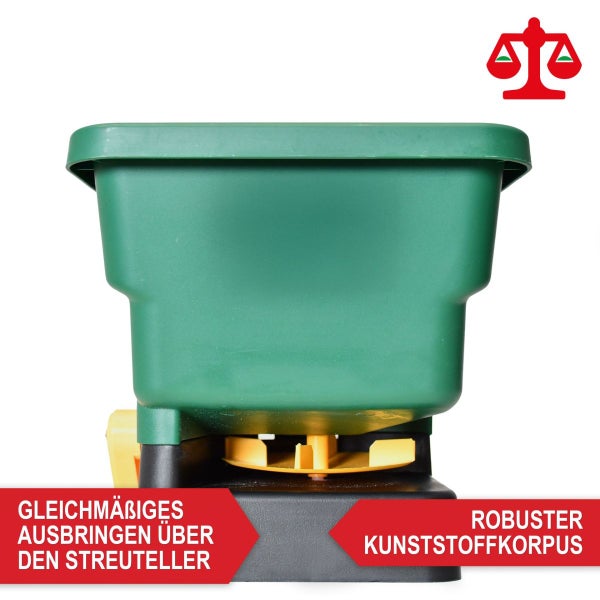 Robuster Kunststoffkorpus und Streuteller für gleichmäßiges Ausbringen. Symbol für präzise Dosierung.
