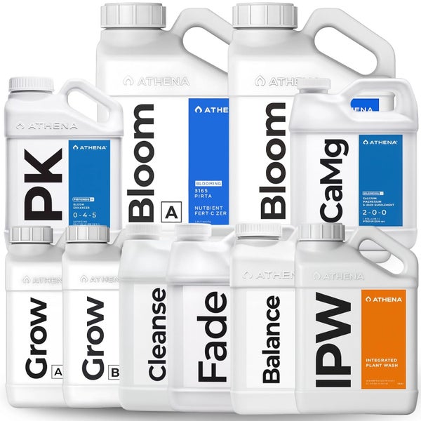 Eine Sammlung von Athena Nährstoffflaschen, einschließlich Grow A, Grow B, Bloom A, Bloom B, PK, CaMg, Cleanse, Fade, Balance und IPW.