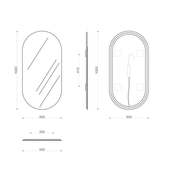 Technische Zeichnung eines ovalen Badezimmerspiegels mit Maßen. Höhe 1000 Millimeter, Breite 500 Millimeter. Front-, Seiten- und Rückansicht.