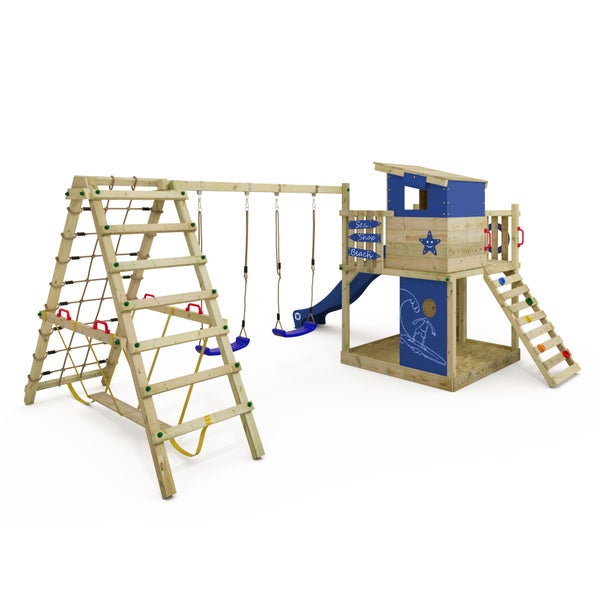 WICKEY Spielturm Klettergerüst Smart Surf mit Schaukel und Rutsche, Kletterturm mit Sandkasten, Leiter und Spiel-Zubehör - blau