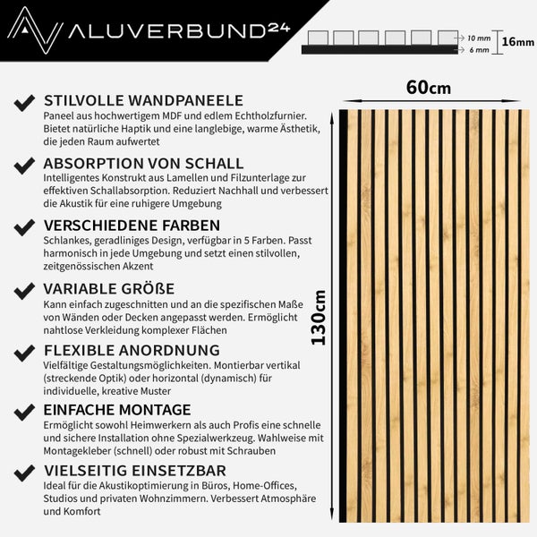 Wandpaneel aus MDF und Echtholzfurnier mit Filz zur Schallabsorption, 60 mal 130 Zentimeter, 16 Millimeter Gesamtdicke, für Wand und Decke.