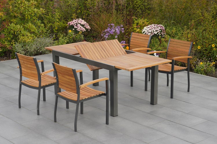 Santorin Gartenmöbelset 5tlg., 4 Stapelsessel, Ausziehtisch 150 (200) x 90 cm