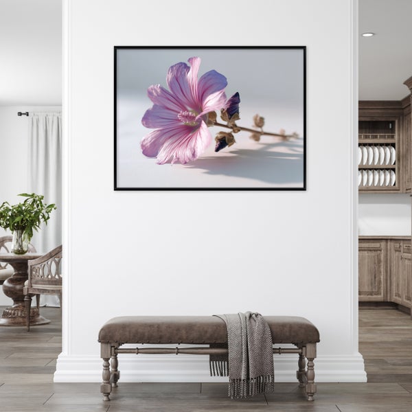Gerahmtes Bild einer lila Blüte an einer weißen Wand über einer braunen Sitzbank in einer hellen, modern eingerichteten Wohnung.