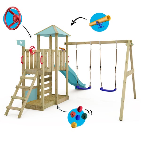 WICKEY Spielturm Klettergerüst Smart Savana mit Schaukel und Rutsche, Spielhaus mit Kletterleiter und Spiel-Zubehör – pastellblau