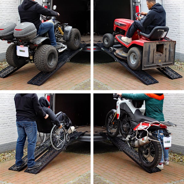Viererbild von Personen, die ein Quad, einen Rasenmäher, einen Rollstuhl und ein Motorrad mit Laderampen verladen.