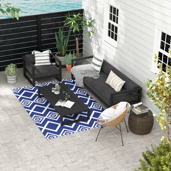 Outsunny Outdoor-Teppich, mit Tragetasche, wasserabweisend, für Camping, Terrasse,  Kunststoff, Blau+Weiß, 182 x 274 cm