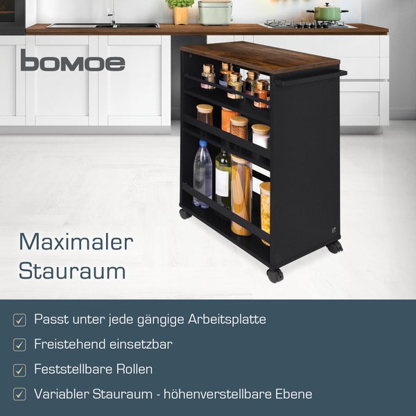 Mobiler Küchenwagen mit Holzplatte, höhenverstellbaren Ablagen, feststellbaren Rollen und Bomoe Logo.