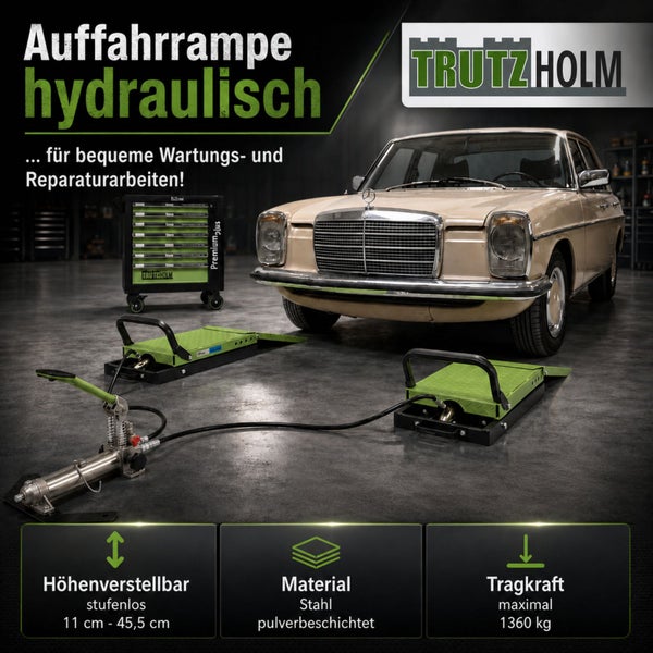 Trutzholm hydraulische Auffahrrampen aus pulverbeschichtetem Stahl, stufenlos höhenverstellbar 11-45,5 Zentimeter, Tragkraft 1360 Kilogramm.