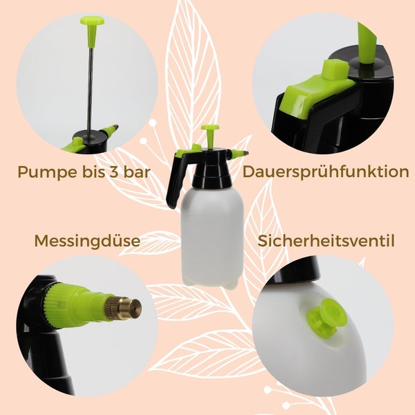 Drucksprüher mit Messingdüse, Sicherheitsventil, Pumpe bis 3 bar und Dauersprühfunktion