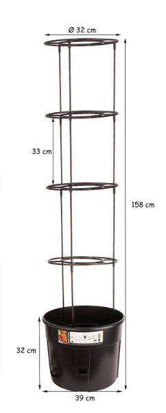 Tomatenpflanzkübel mit Rankhilfe, 158 Zentimeter hoch, Durchmesser 32 Zentimeter und 39 Zentimeter, zur Unterstützung von Tomatenpflanzen.