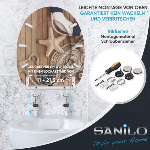 Sanilo WC-Sitz mit maritimem Motiv, Montagematerial, Schraubendreher, verstellbarer Lochabstand von 11 bis 21,5 Zentimeter. Sanilo Logo.