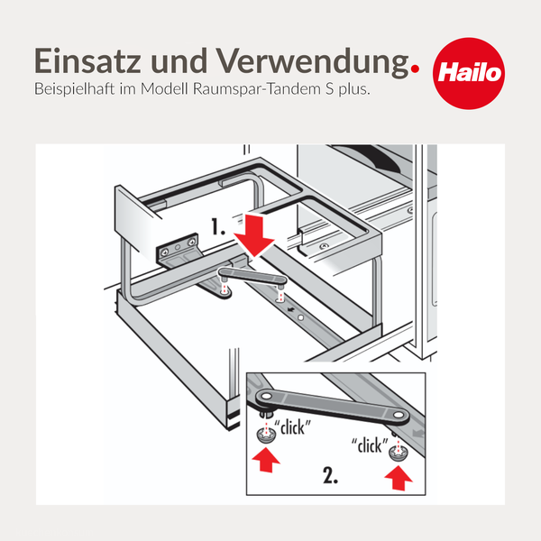 Hailo Logo. Montageanleitung für Raumspar-Tandem S plus. Illustration zeigt das Einrasten des Verbindungsarms in den Auszugrahmen.