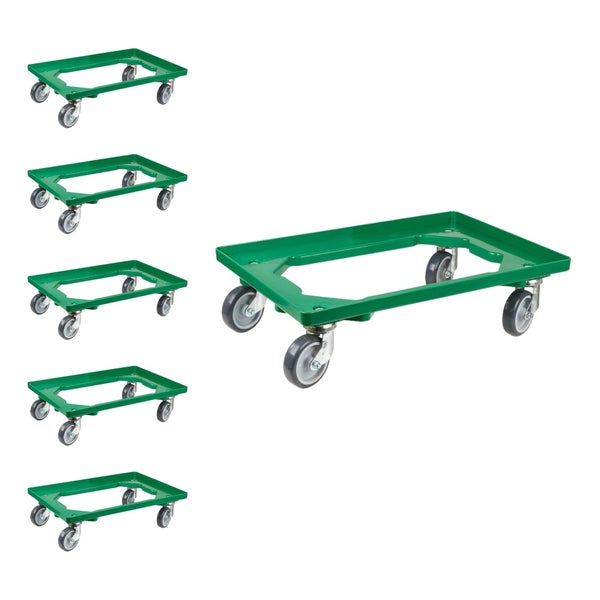 PROREGAL SparSet 6x Transportroller für Euroboxen 60 x 40 cm mit Gummiräder Grün Offenes Deck 2 Lenkrollen und 2 Bremsrollen Traglast 300 kg