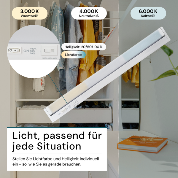 Weiße LED-Schrankleuchte mit einstellbarer Lichtfarbe von 3000 Kelvin bis 6000 Kelvin und variabler Helligkeit in einem Kleiderschrank.