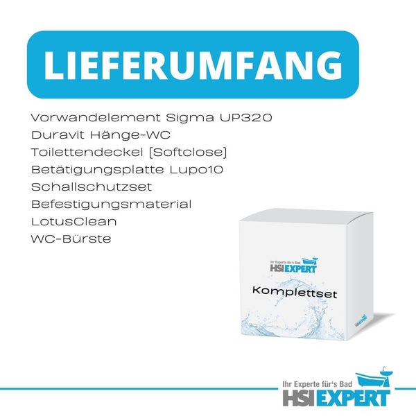 Lieferumfang eines Sanitär-Komplettsets mit Vorwandelement, Wand-WC, WC-Sitz mit Absenkautomatik, Betätigungsplatte, Schallschutzset, Befestigungsmaterial und WC-Bürste