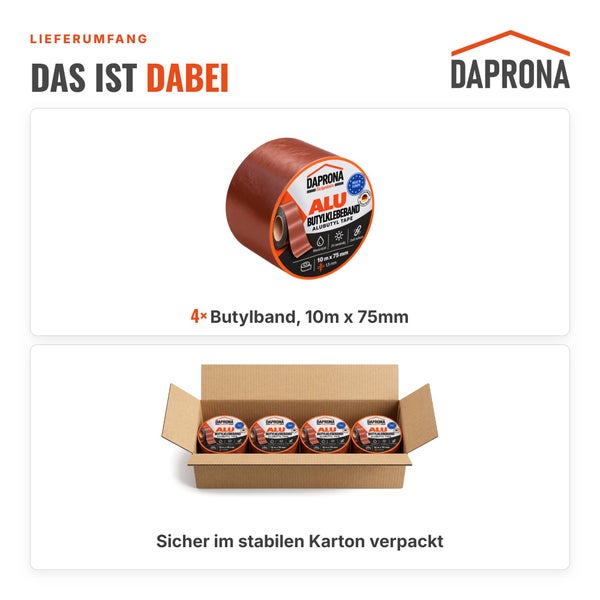 Vier Rollen Daprona Alubutyl Klebeband in den Maßen 10 Meter mal 75 Millimeter sicher verpackt in einem stabilen Versandkarton.