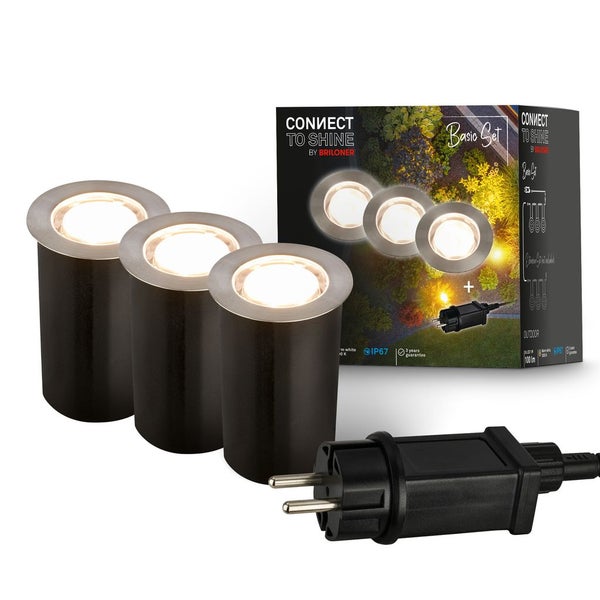 Briloner Connect to Shine Basis-Set mit drei LED-Bodeneinbaustrahlern für den Außenbereich und Netzstecker.