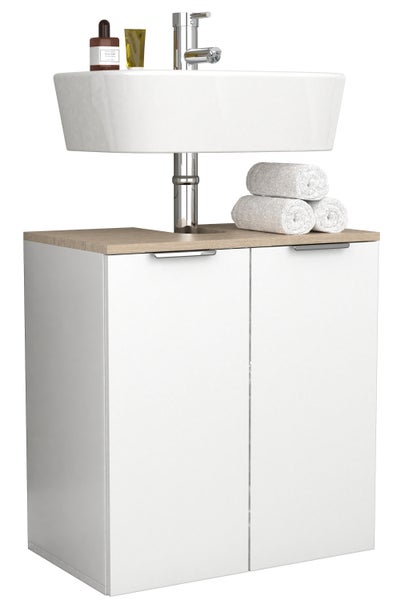 Waschtischunterschrank mit Waschbecken, Armatur und Handtüchern