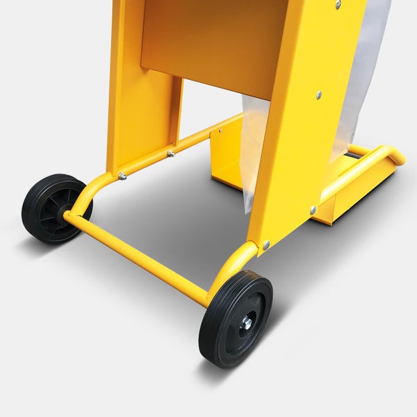 Gelbes Müllsackständer-Fahrgestell mit schwarzen Rädern