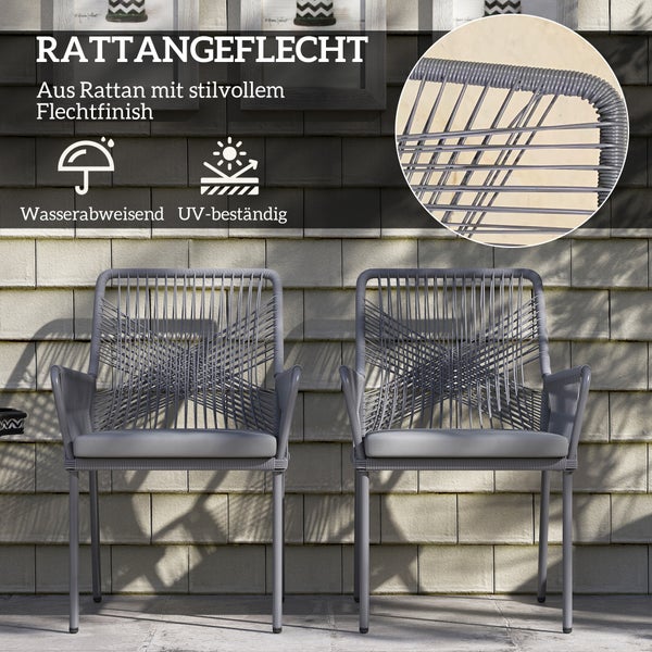 Outsunny 2er Set Gartenstuhl Rattan Gartenmöbel mit Armlehne Rückenlehne abnehmbar Sitzkissen wetterfest Outdoor Essstühle Gartenstühle Balkonstuhl Rattanstuhl für Garten Balkon Terrasse Dunkelgrau