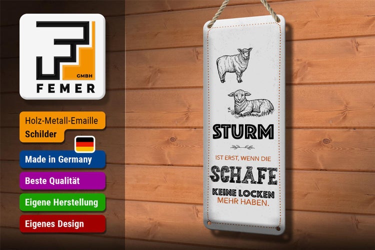 Blechschild Spruch lustig Sturm wenn Schafe Locken 10x27cm