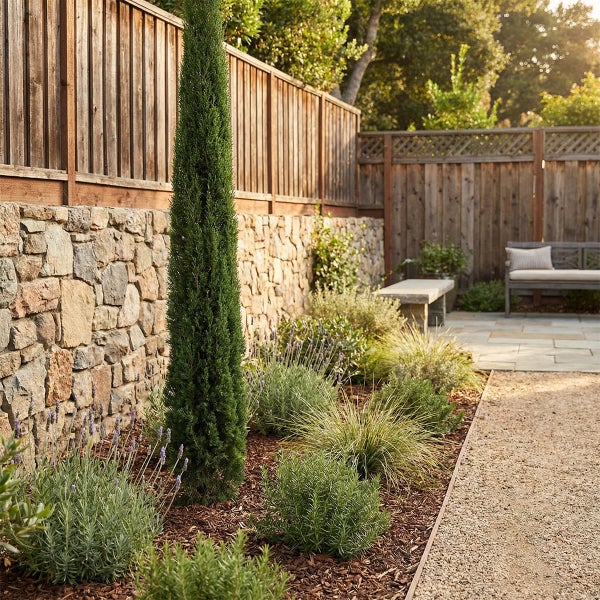 Mediterraner Garten mit säulenförmiger Zypresse, Lavendel und Gräsern in einem Mulchbeet vor einer Natursteinmauer und einem Holzzaun.